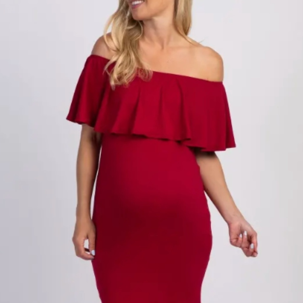 Burgundy Ruffle Off Shoulder Mermaid Maternity